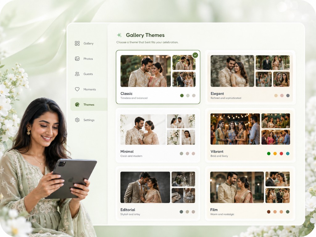 Gallery themes picker with Classic, Elegant, Minimal, Vibrant, Editorial, and Film layouts