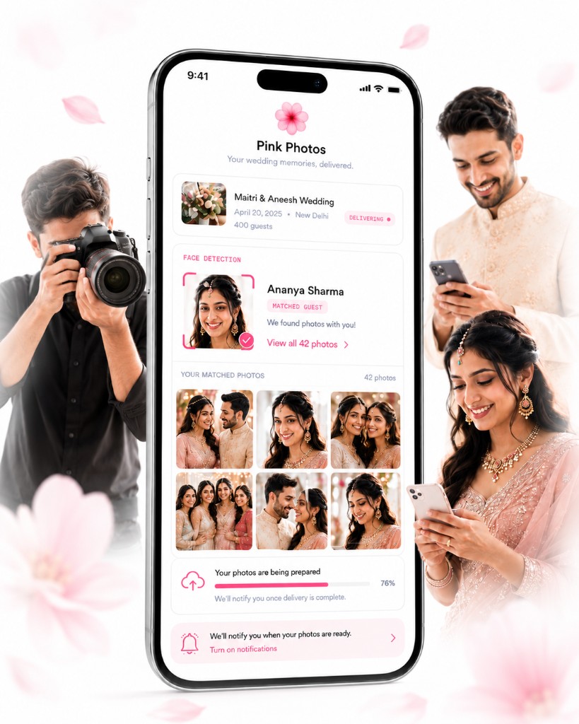 Photo Jelly app on a phone — galleries, matched photos, and live delivery
